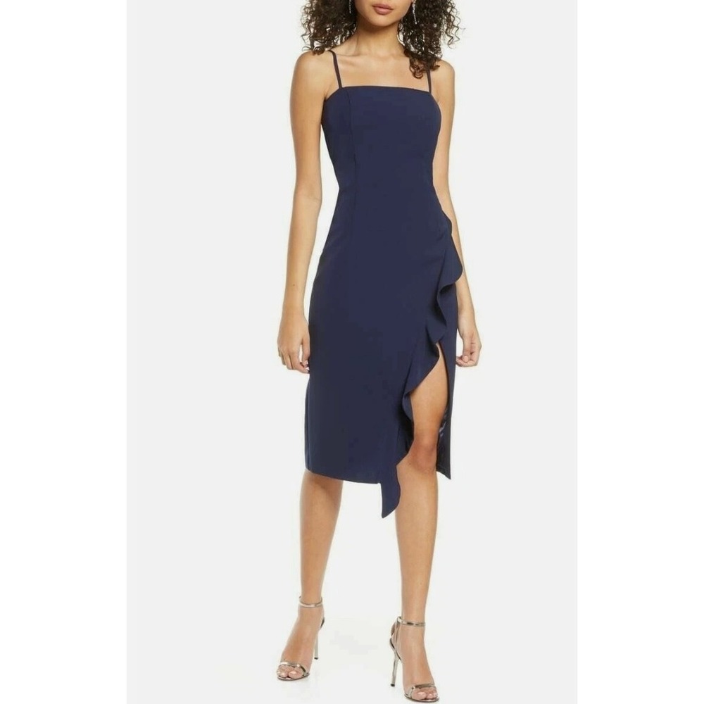 BARDOT CARMELLE NAVY RUFFLE FRONT SLIT MIDI DRESS Womens 6/S Luxury Chic Wedding